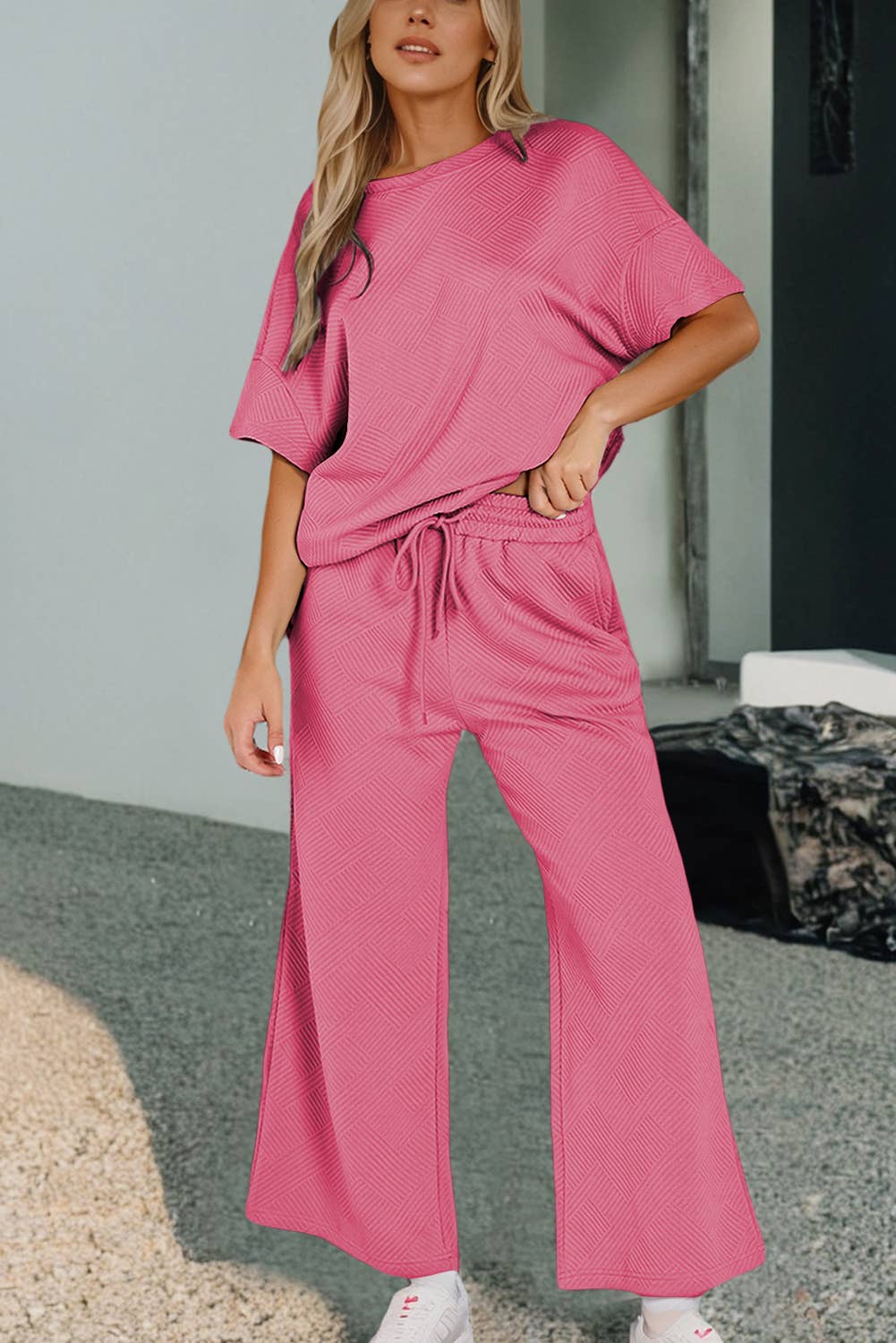 Women Multi-colored Textured T Shirt and Pants Set | S-2XL