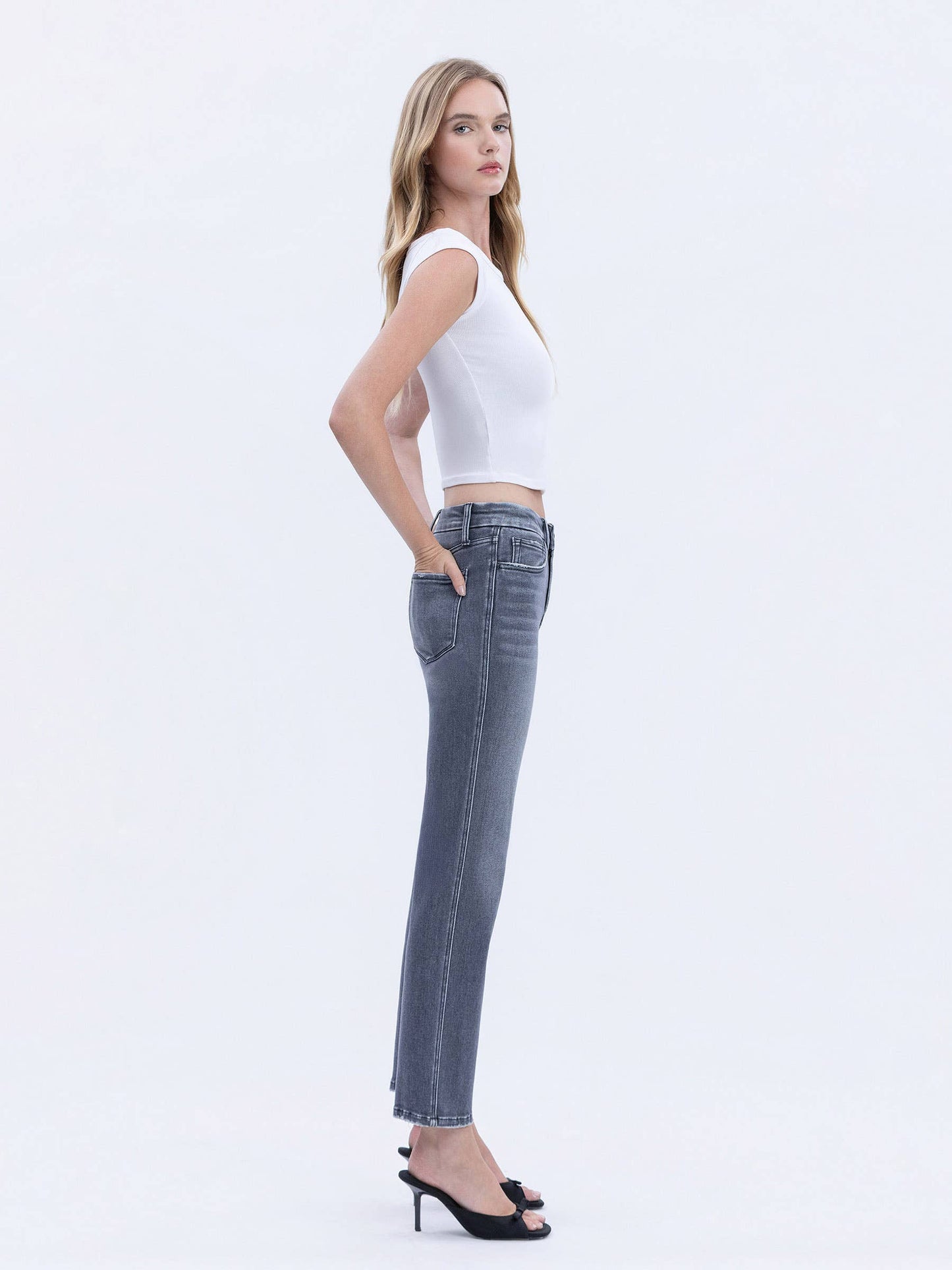 MID RISE SEAMLESS WB GREY ANKLE STRAIGHT JEANS T7119GRY: GREY