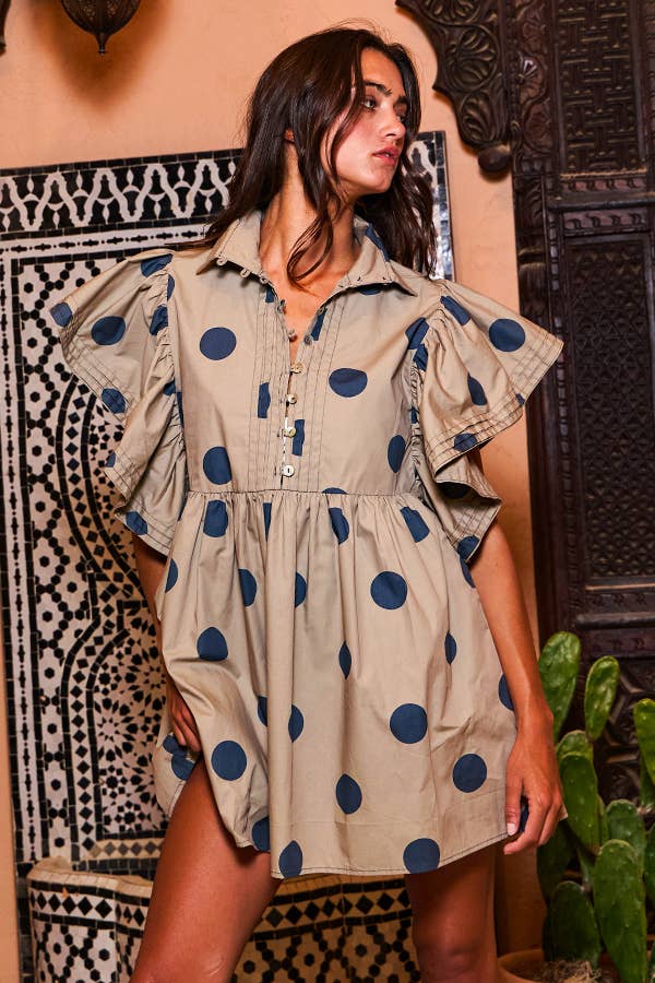 ID4283 Ruffle Sleeve Pintuck Detail Polka Dot Mini Dress: Taupe / S-M-L (2-2-2)