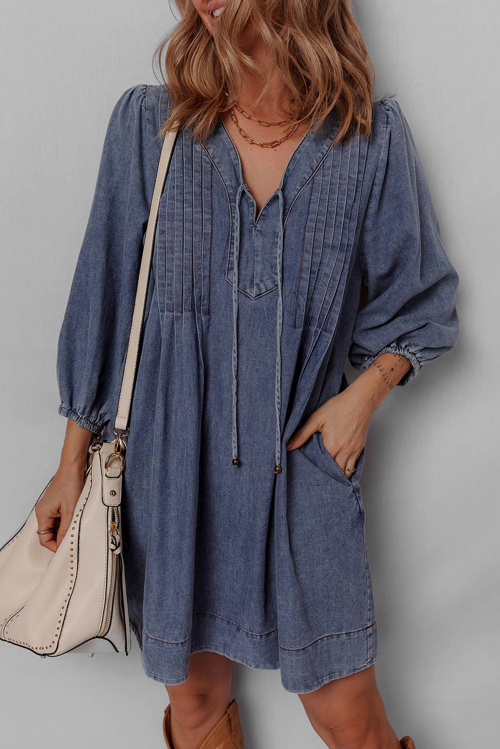 LDC 3/4 Sleeve Tied V Neck Pleated Denim Mini Dress: Sail Blue