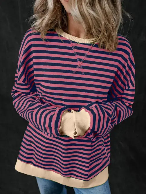 Trendy Oversized Striped Sweatshirt with Bold Trim: Red Stripe