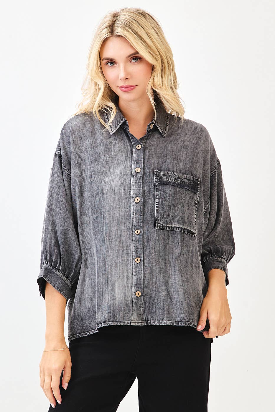 WASHED TENCEL CHAMBRAY DOLMAN SLEEVE SHIRT: DK DENIM / S-M-L(2-2-2)