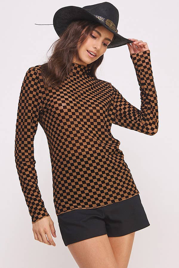 LONG SLEEVE CHECKERED MESH MOCK NECK TOP: BLACK/WHITE