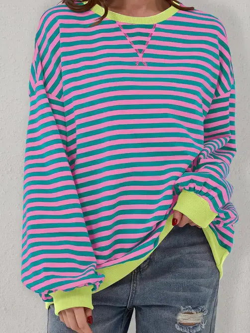 Trendy Oversized Striped Sweatshirt with Bold Trim: Red Stripe