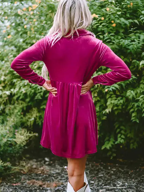Solid Color Long Sleeve Ruffle Velvet Button Up Dress : Rose