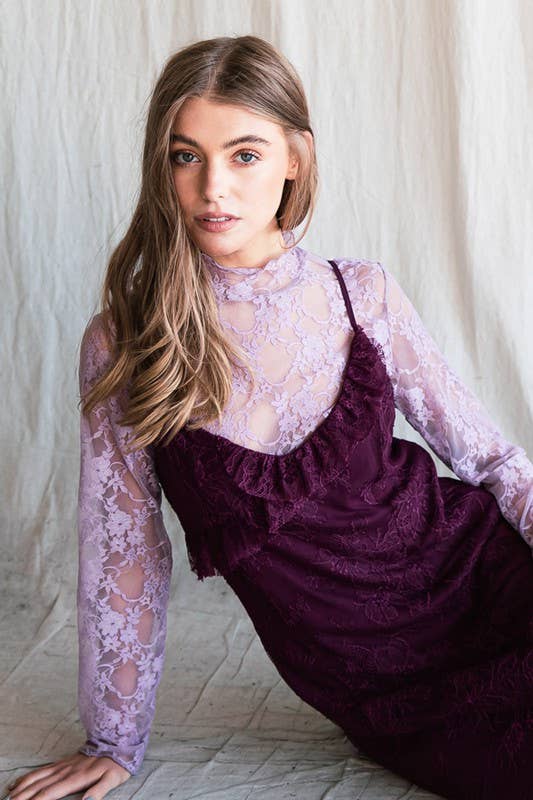 Floral print lace long sleeves top KRT1739 (Plus available): BLACK and White
