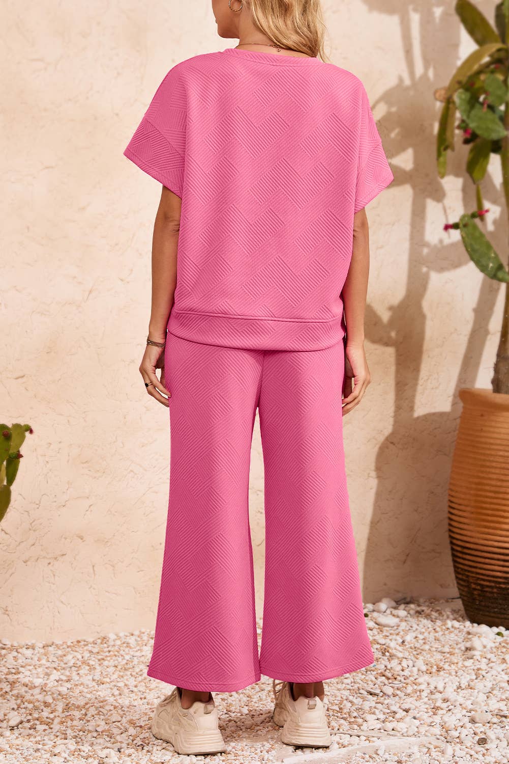 Women Multi-colored Textured T Shirt and Pants Set | S-2XL