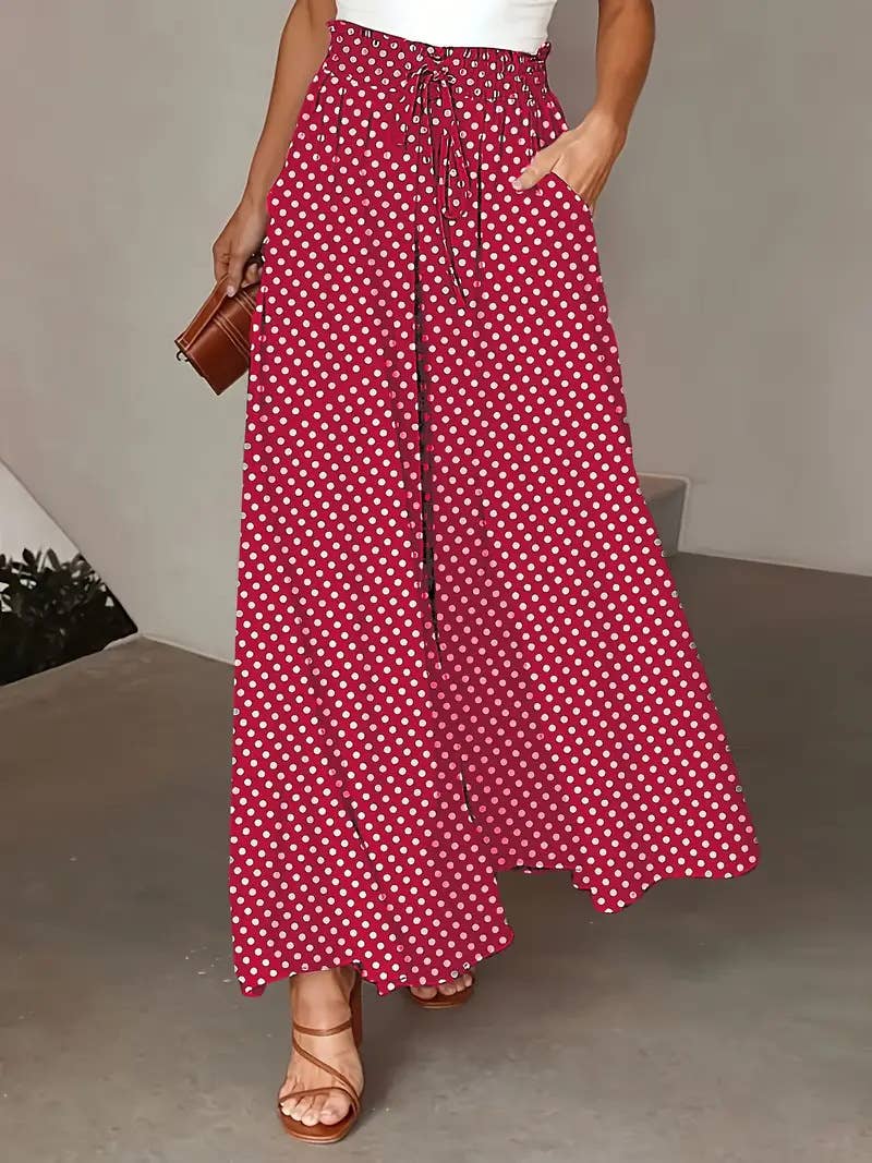 Bohemian Elastic Waist Polka Dot Wide Leg Pants: Red