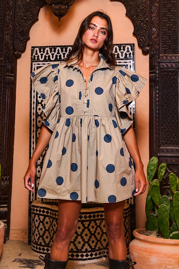 ID4283 Ruffle Sleeve Pintuck Detail Polka Dot Mini Dress: Taupe / S-M-L (2-2-2)