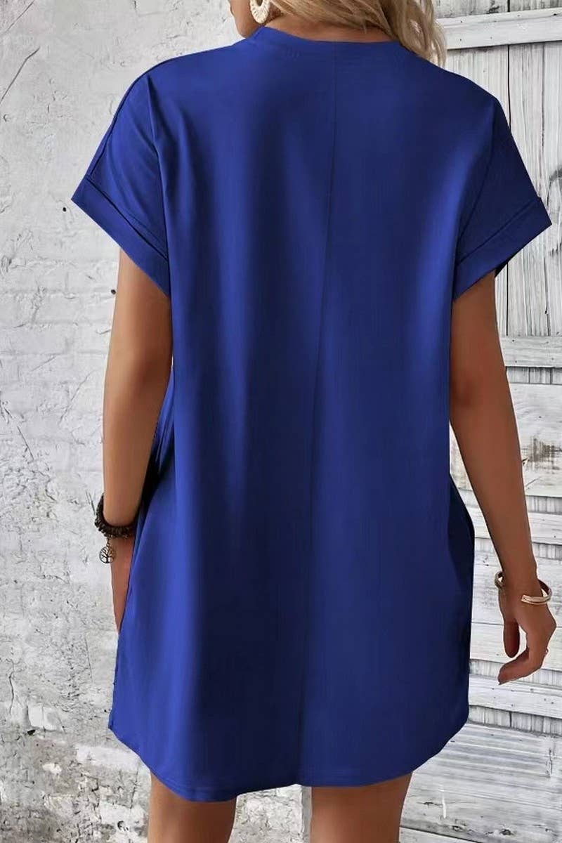 CWDSD3628_SOLID COLOR ROUND NECK LOOSE POCKET SHORT DRESS: Red
