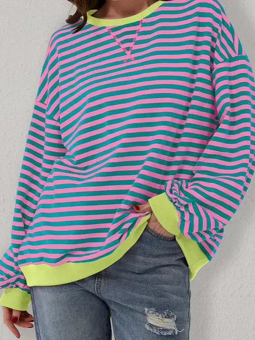 Trendy Oversized Striped Sweatshirt with Bold Trim: Red Stripe