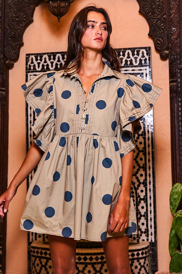 ID4283 Ruffle Sleeve Pintuck Detail Polka Dot Mini Dress: Taupe / S-M-L (2-2-2)