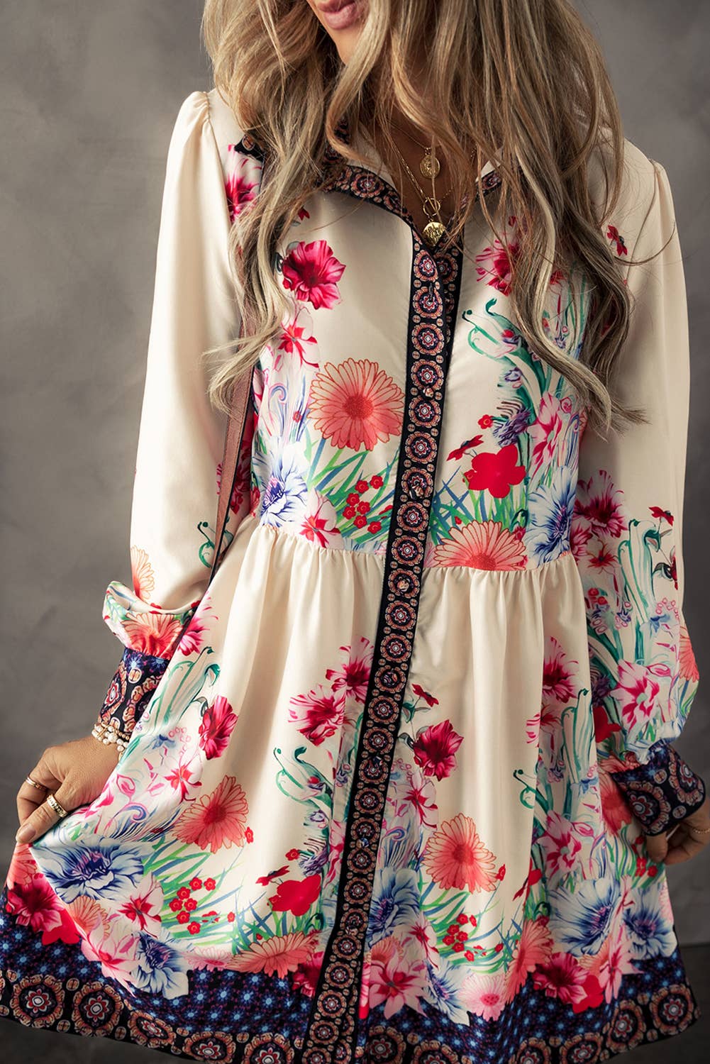 LDC Floral Print Buttoned High Waist Shirt Mini Dress: Apricot / XL