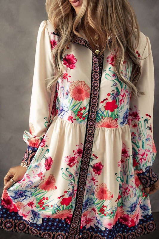 LDC Floral Print Buttoned High Waist Shirt Mini Dress: Apricot / XL