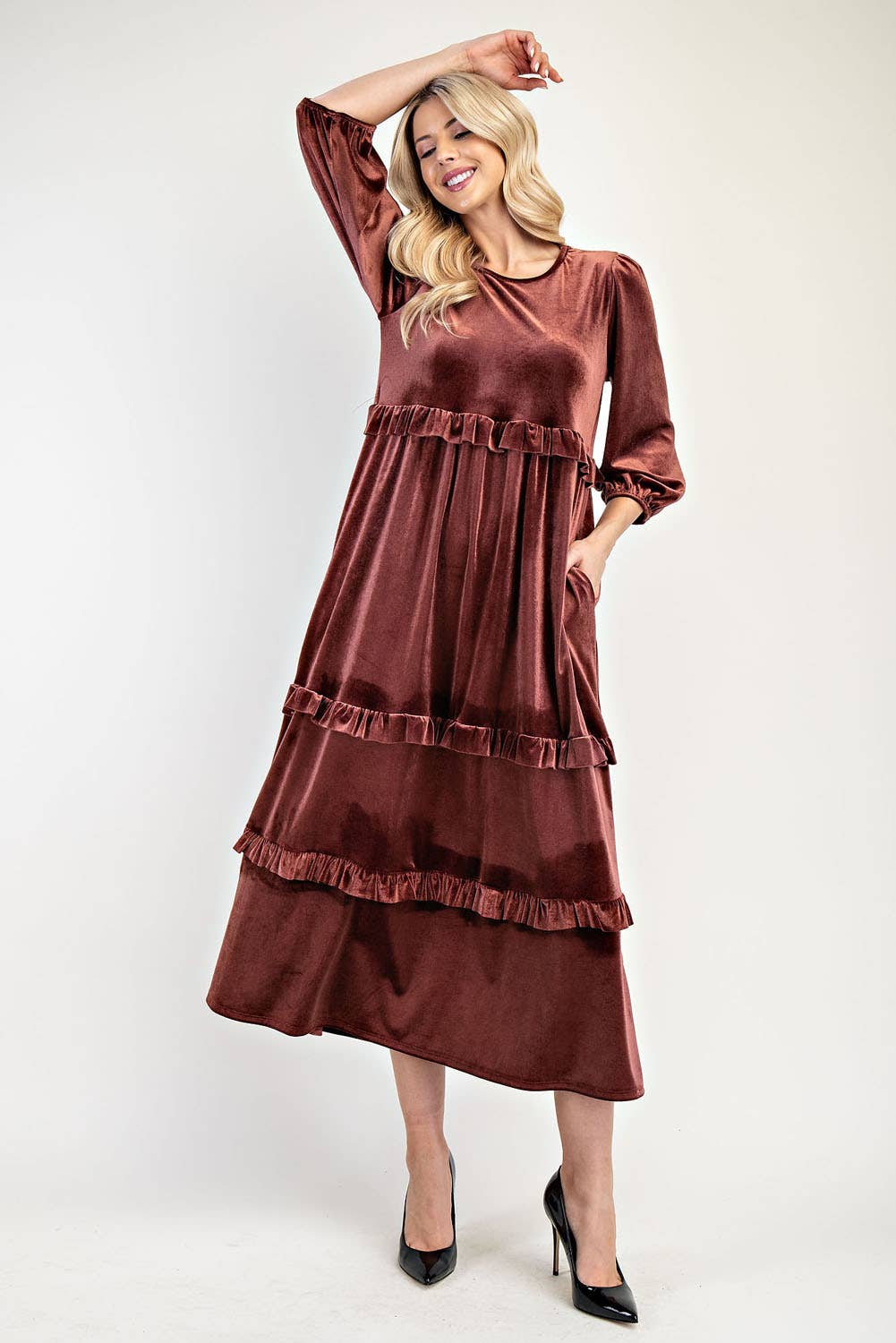 ELEGANT VELVET TIERED MODEST DRESS -MD33897: Purple