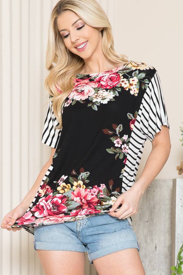 FLORAL TUNIC TOP WITH SIDE STRIPE CONTRAST: TURQUOISE
