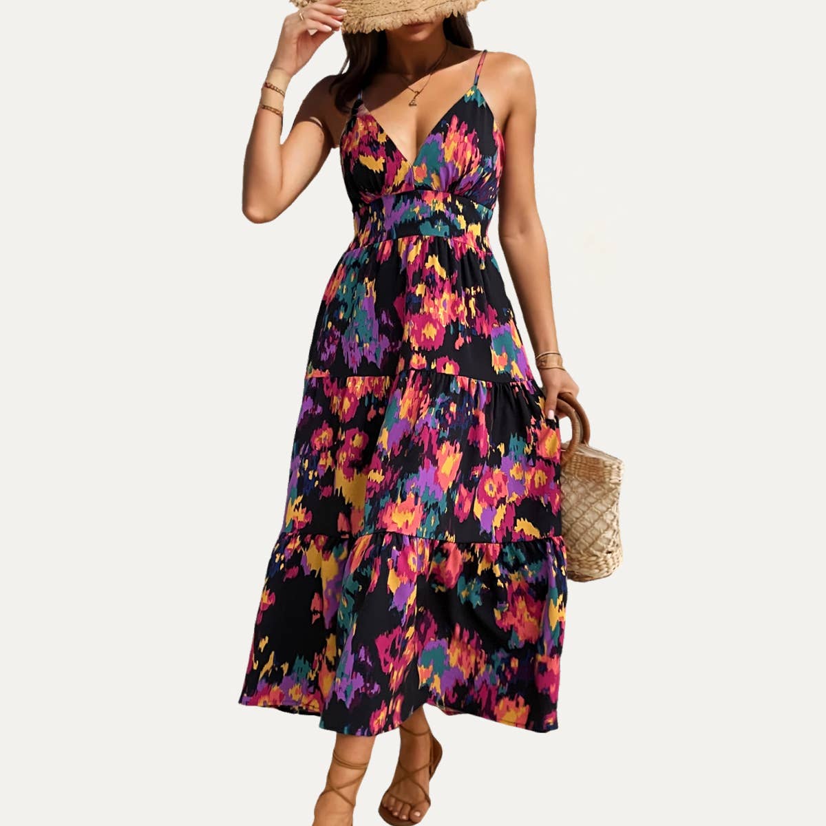 Holiday Multicolor Printed Sleeveless Open-Back Maxi Dress: Multi