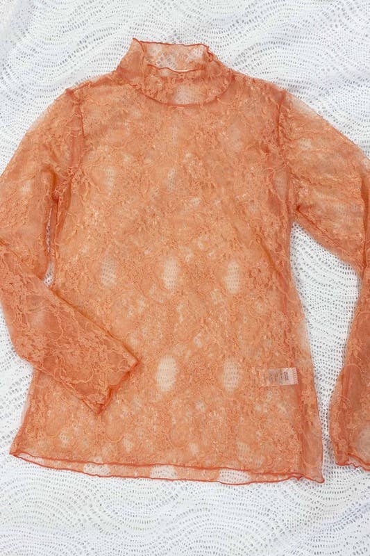 Floral print lace long sleeves top KRT1739 (Plus available): BLACK and White