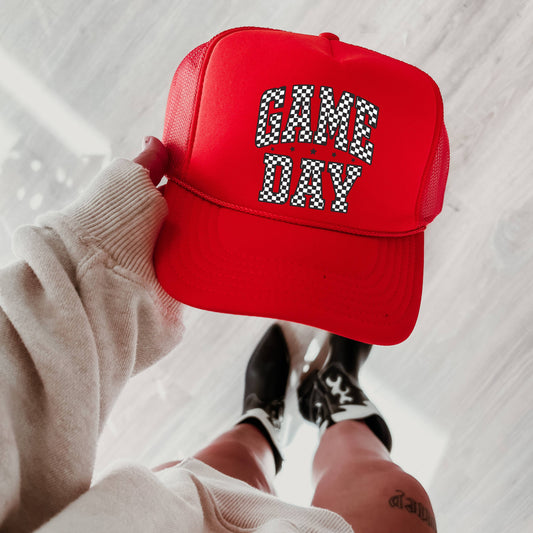 Game Day Trucker Hat: Red and Red and White