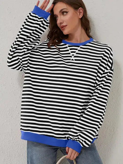 Trendy Oversized Striped Sweatshirt with Bold Trim: Red Stripe