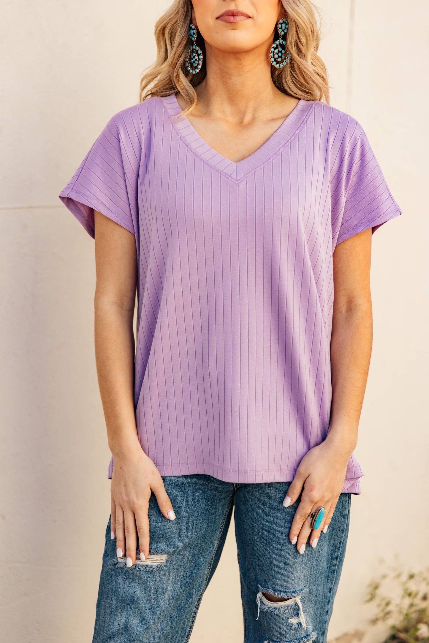 Casual Thick Ribbed V Neck Top: BLACK