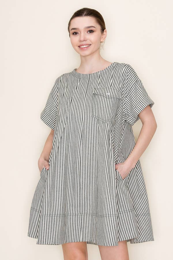 STRIPE SWING SHORT LOOSE FIT DRESS- SDD6375: RED STRIPE