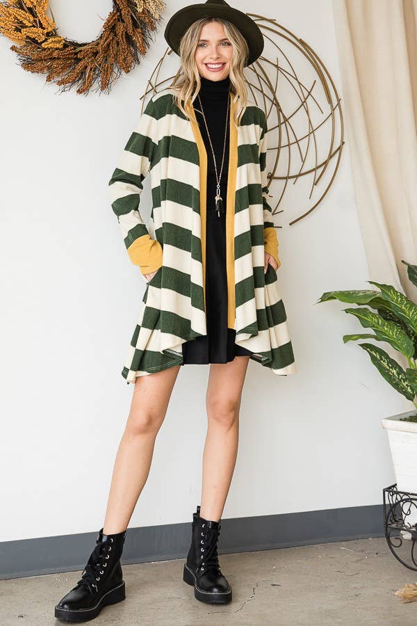 OPEN FRONT STRIPED DRAPED CARDIGAN - KRT1340: Olive