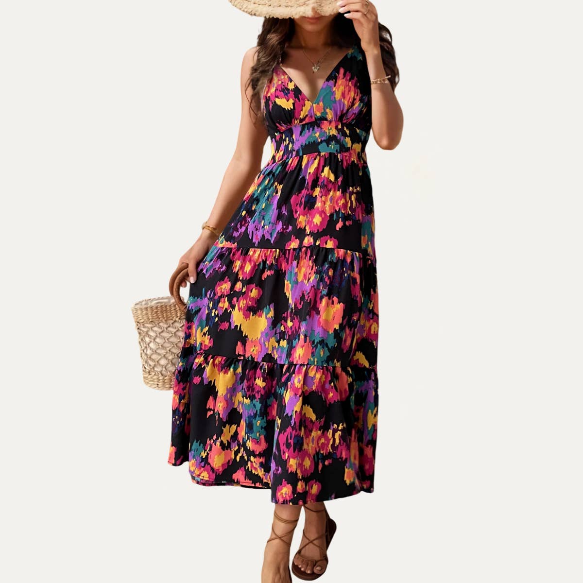 Holiday Multicolor Printed Sleeveless Open-Back Maxi Dress: Multi