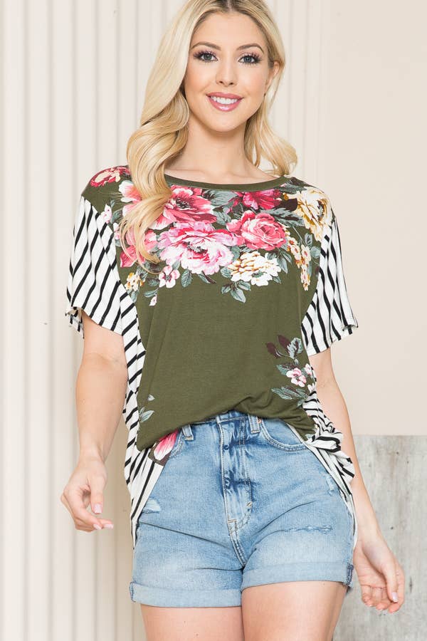 FLORAL TUNIC TOP WITH SIDE STRIPE CONTRAST: TURQUOISE