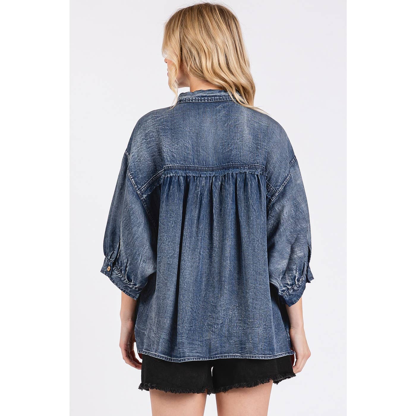 WASHED TENCEL CHAMBRAY DOLMAN SLEEVE SHIRT: DK DENIM / S-M-L(2-2-2)