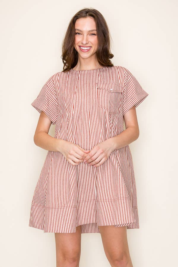 STRIPE SWING SHORT LOOSE FIT DRESS- SDD6375: RED STRIPE
