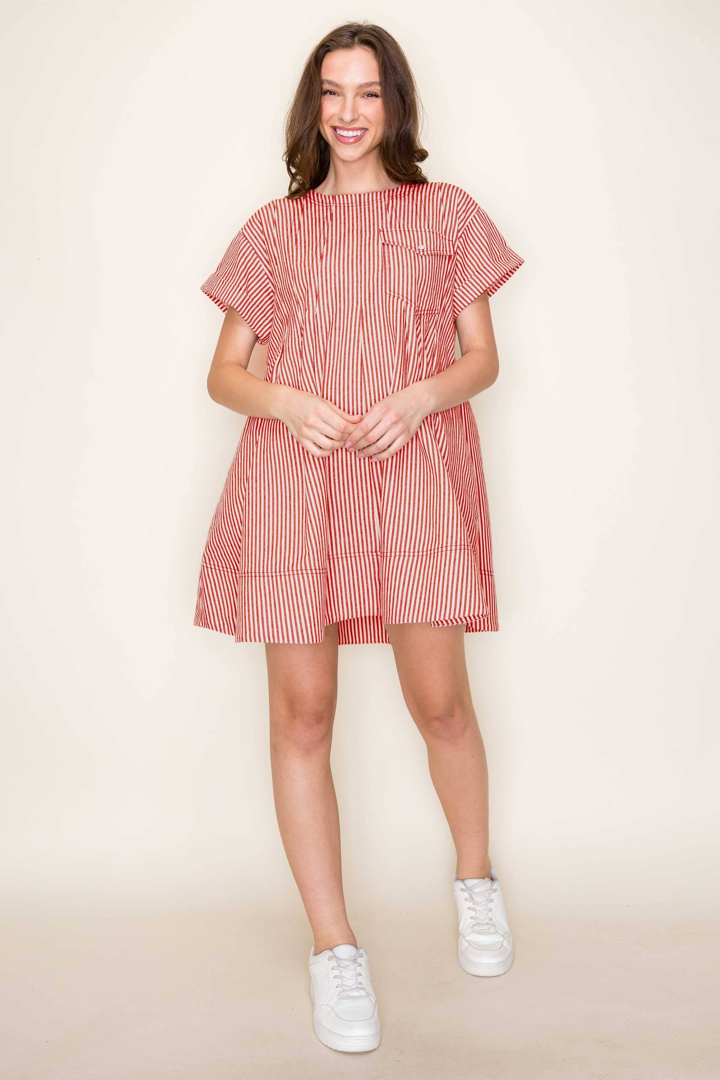 STRIPE SWING SHORT LOOSE FIT DRESS- SDD6375: RED STRIPE