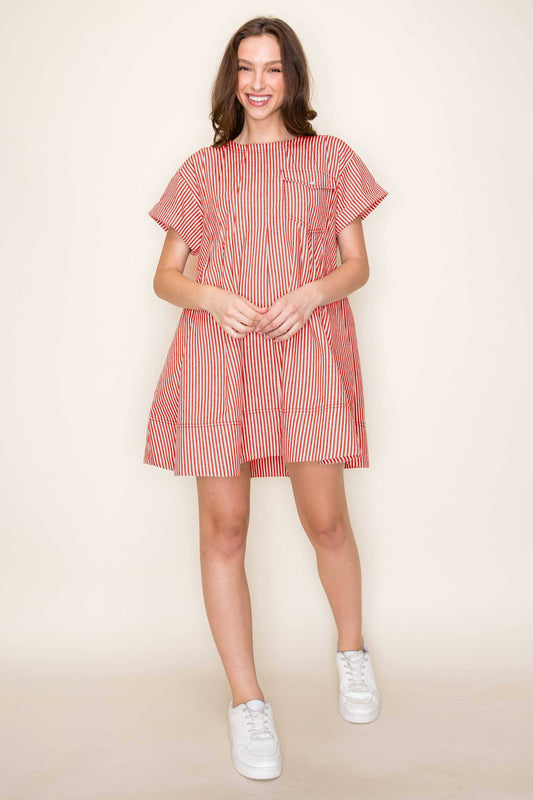 STRIPE SWING SHORT LOOSE FIT DRESS- SDD6375: RED STRIPE