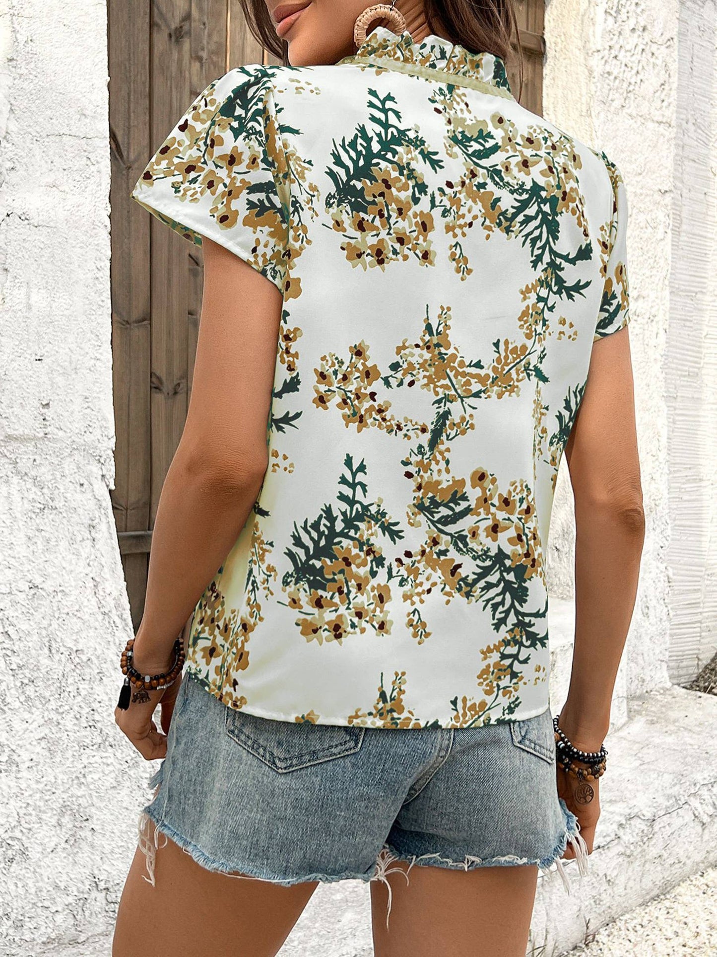 Printed Lace Up Short Sleeved Shirt: Yellow