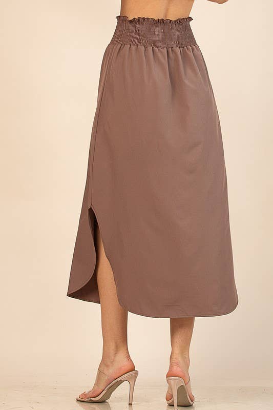 AV1213-MICHELLE ELASTIC BAND WAIST WOVEN MAXI SKIRT: Mocha / Contemporary