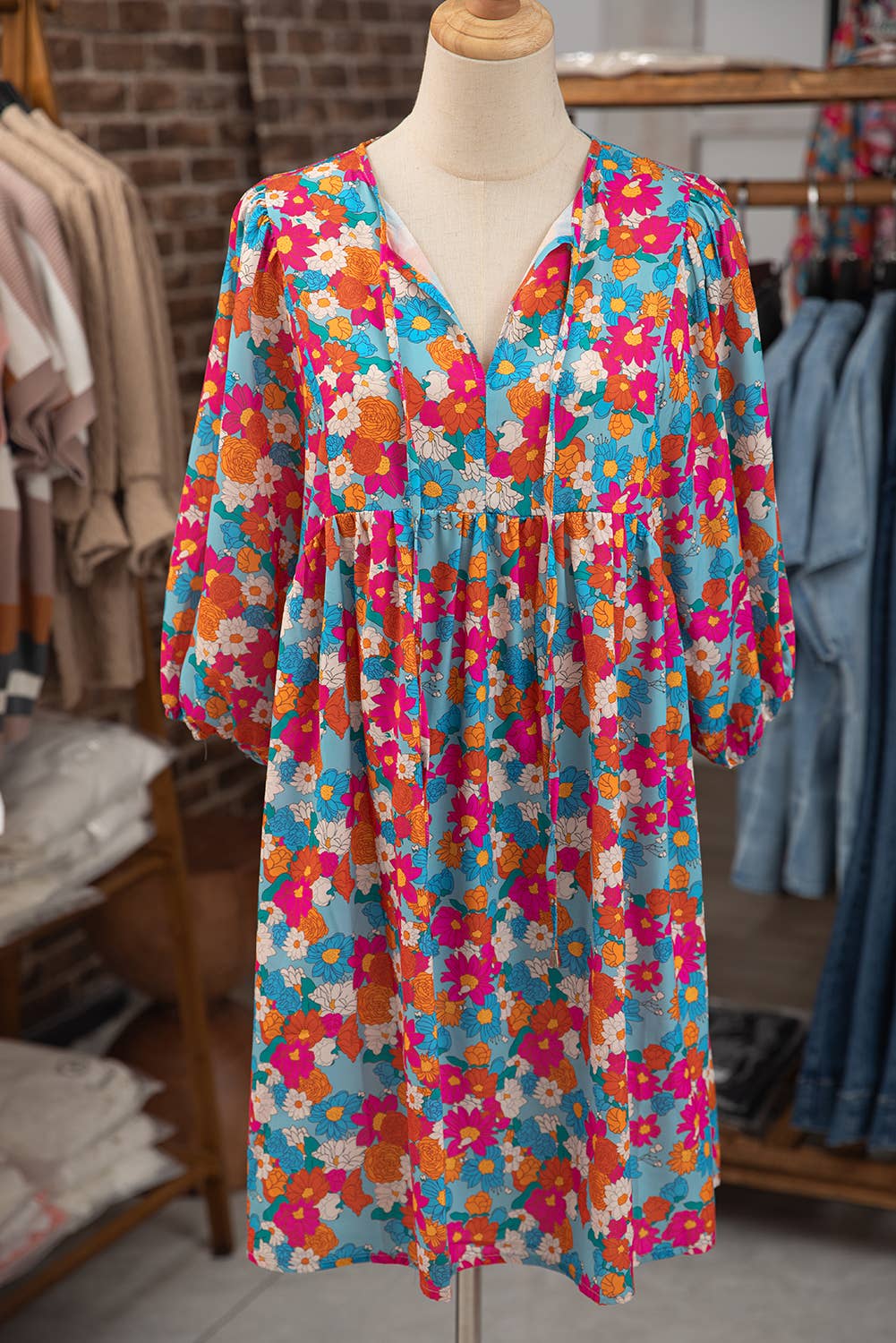 Women Floral Print Bubble Sleeve Babydoll Dress | S-XL: Multi-Colored / Missy