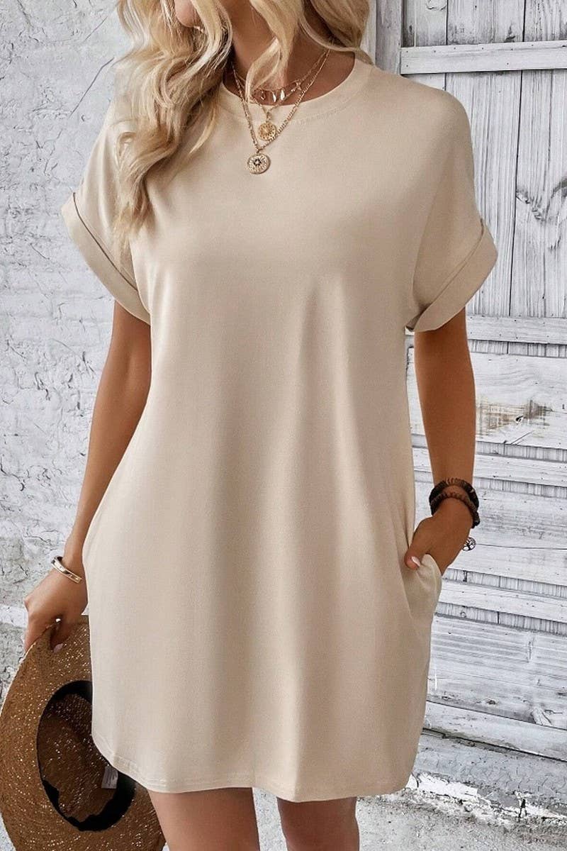 CWDSD3628_SOLID COLOR ROUND NECK LOOSE POCKET SHORT DRESS: Red