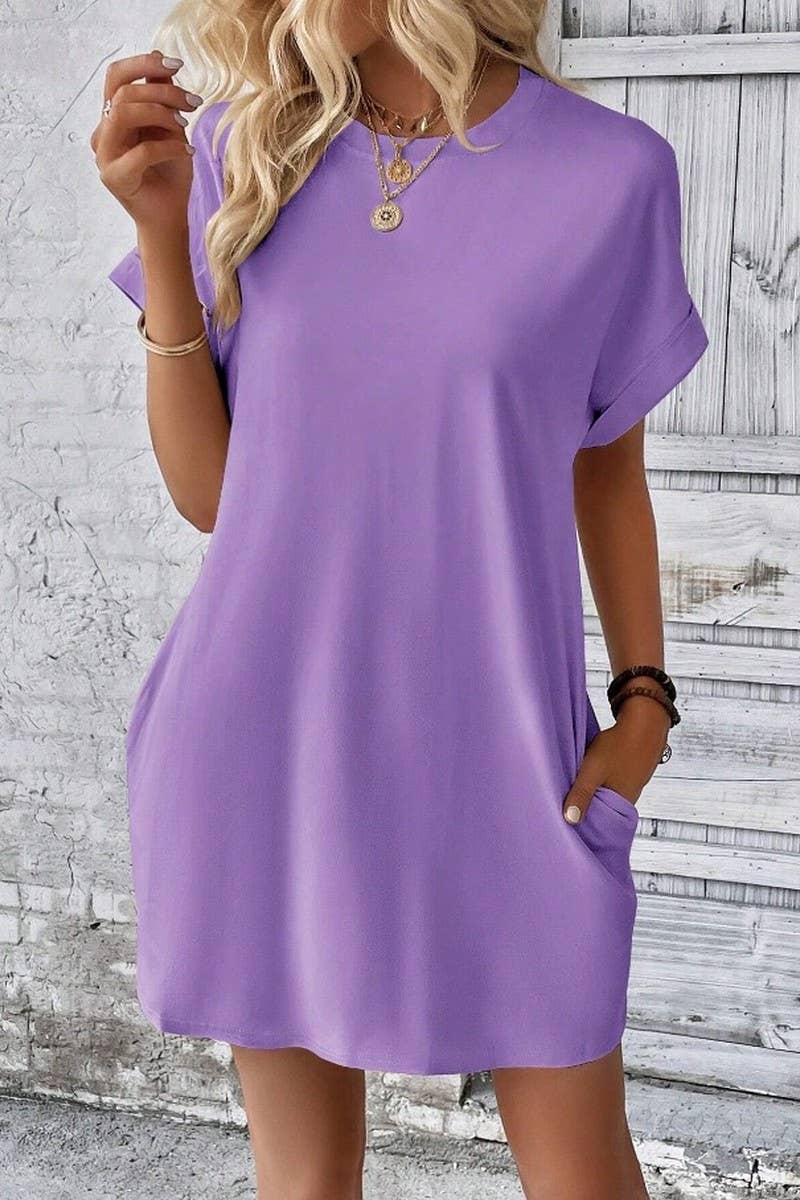 CWDSD3628_SOLID COLOR ROUND NECK LOOSE POCKET SHORT DRESS: Red