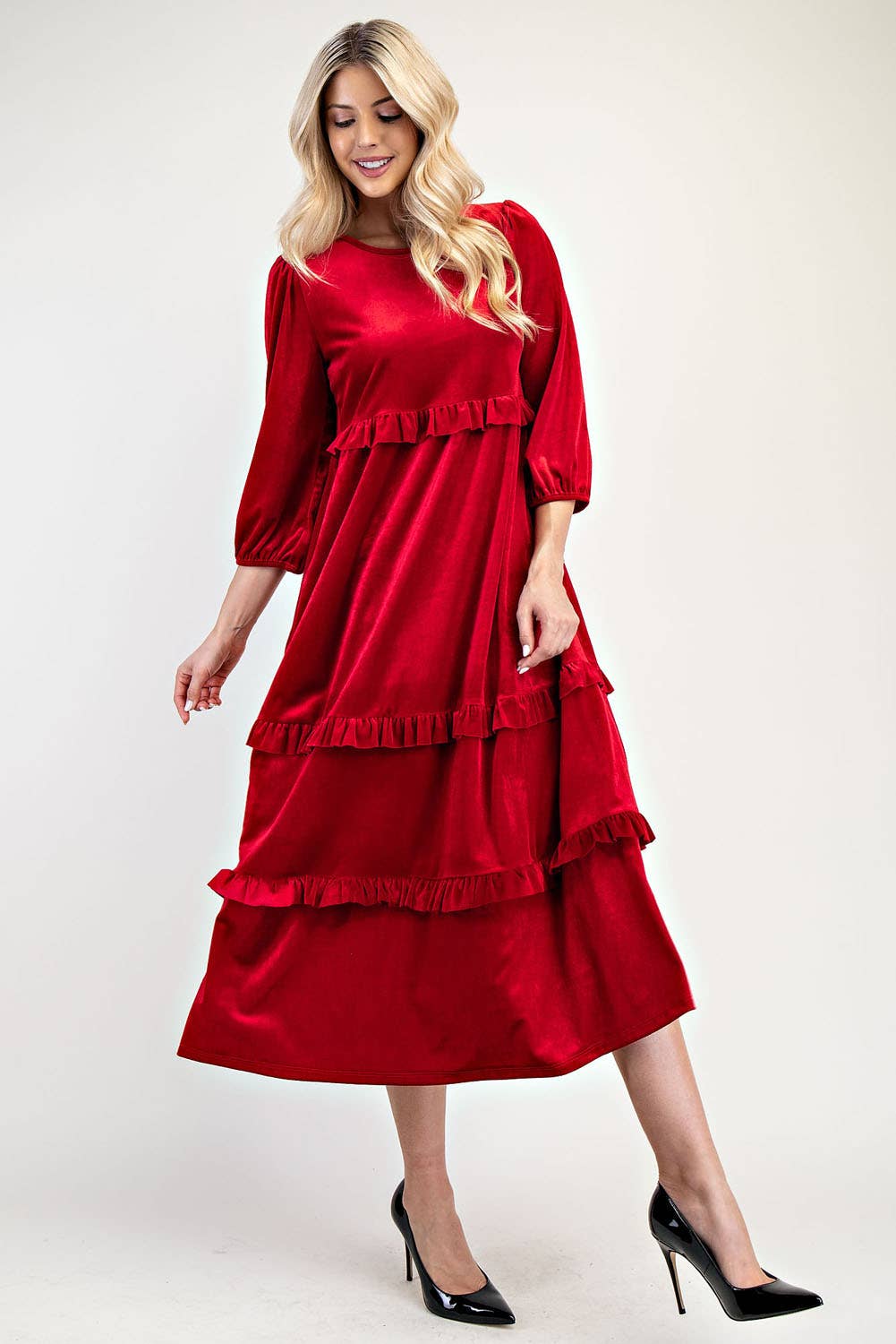 ELEGANT VELVET TIERED MODEST DRESS -MD33897: Purple