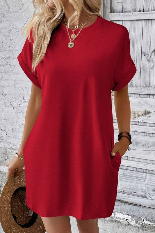CWDSD3628_SOLID COLOR ROUND NECK LOOSE POCKET SHORT DRESS: Red