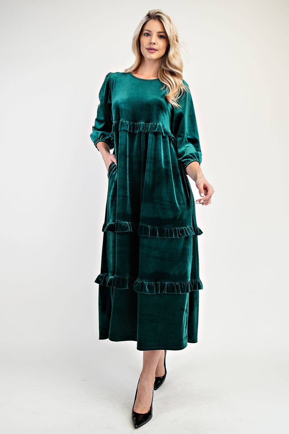ELEGANT VELVET TIERED MODEST DRESS -MD33897: Purple