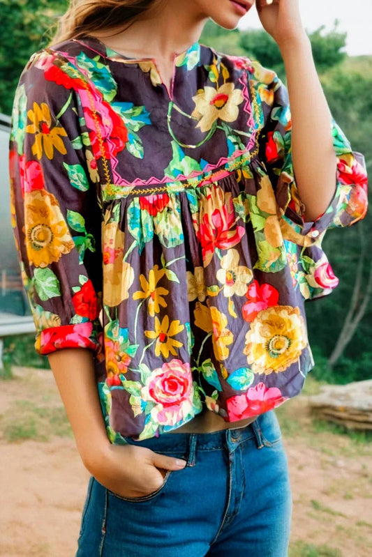 Fashion-W Rose Flower Embroidered Trim Half Sleeve Blouse: As shown