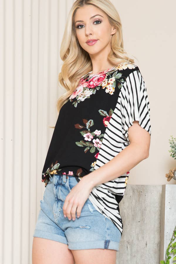 FLORAL TUNIC TOP WITH SIDE STRIPE CONTRAST: TURQUOISE