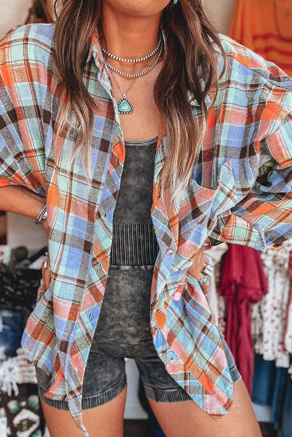 Women's Plaid Print Loose Vintage Shirt: Orange / 100%Cotton