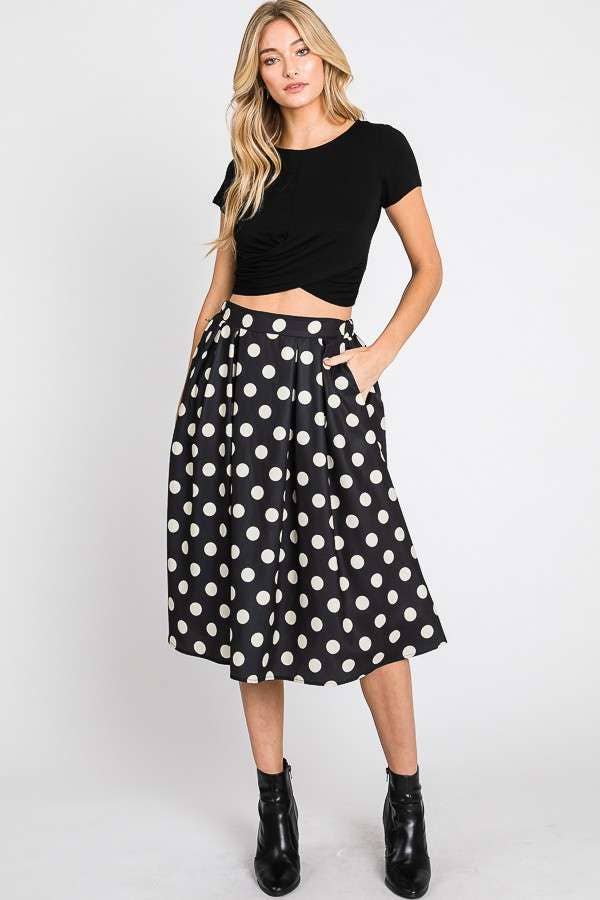 Polka dot PLEATED MIDI SKIRT KRS5041: BLACK