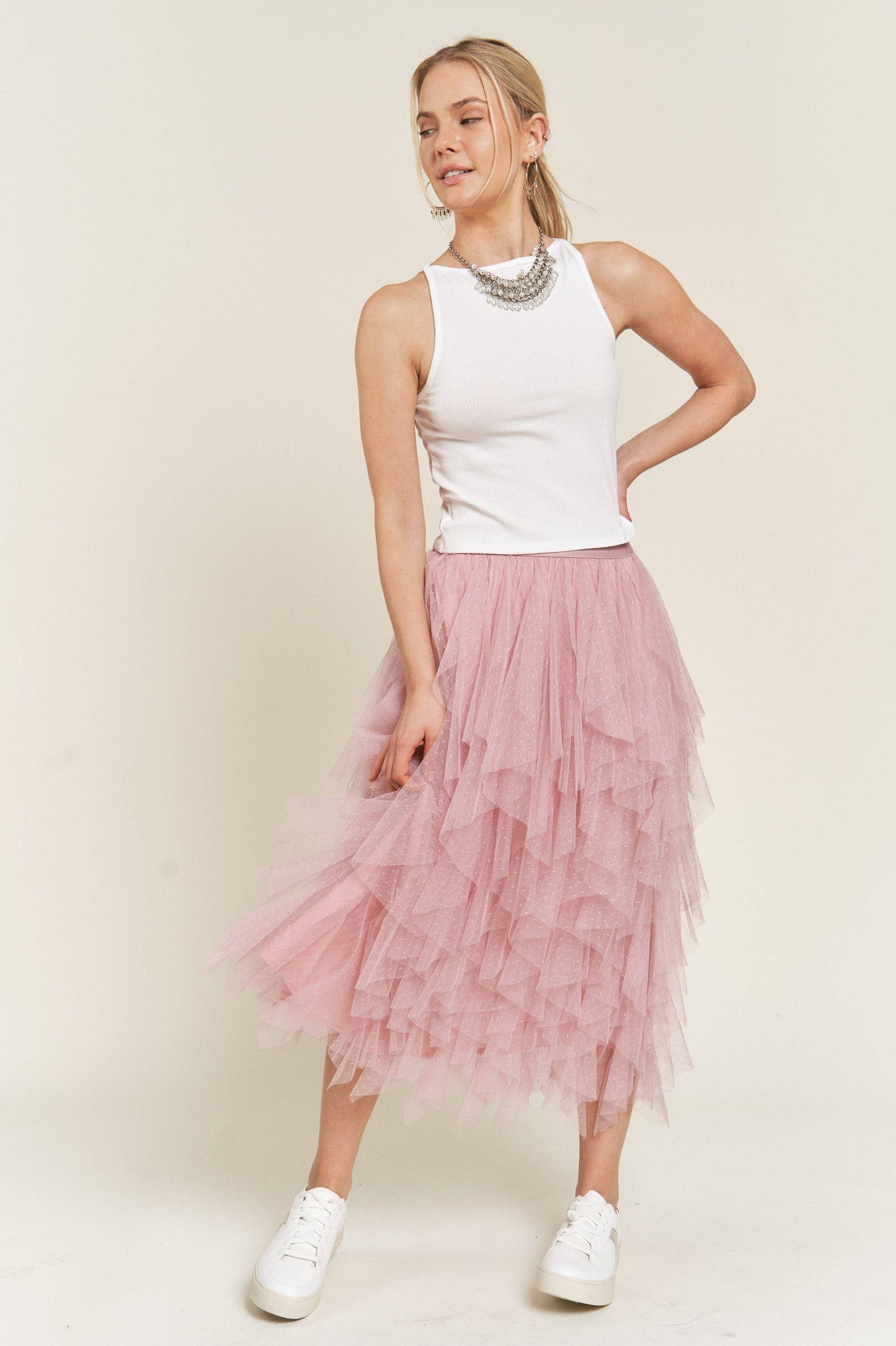 Layered Polka Dot Mesh Lined A-Line Midi Skirt JJB6007:  / GREY