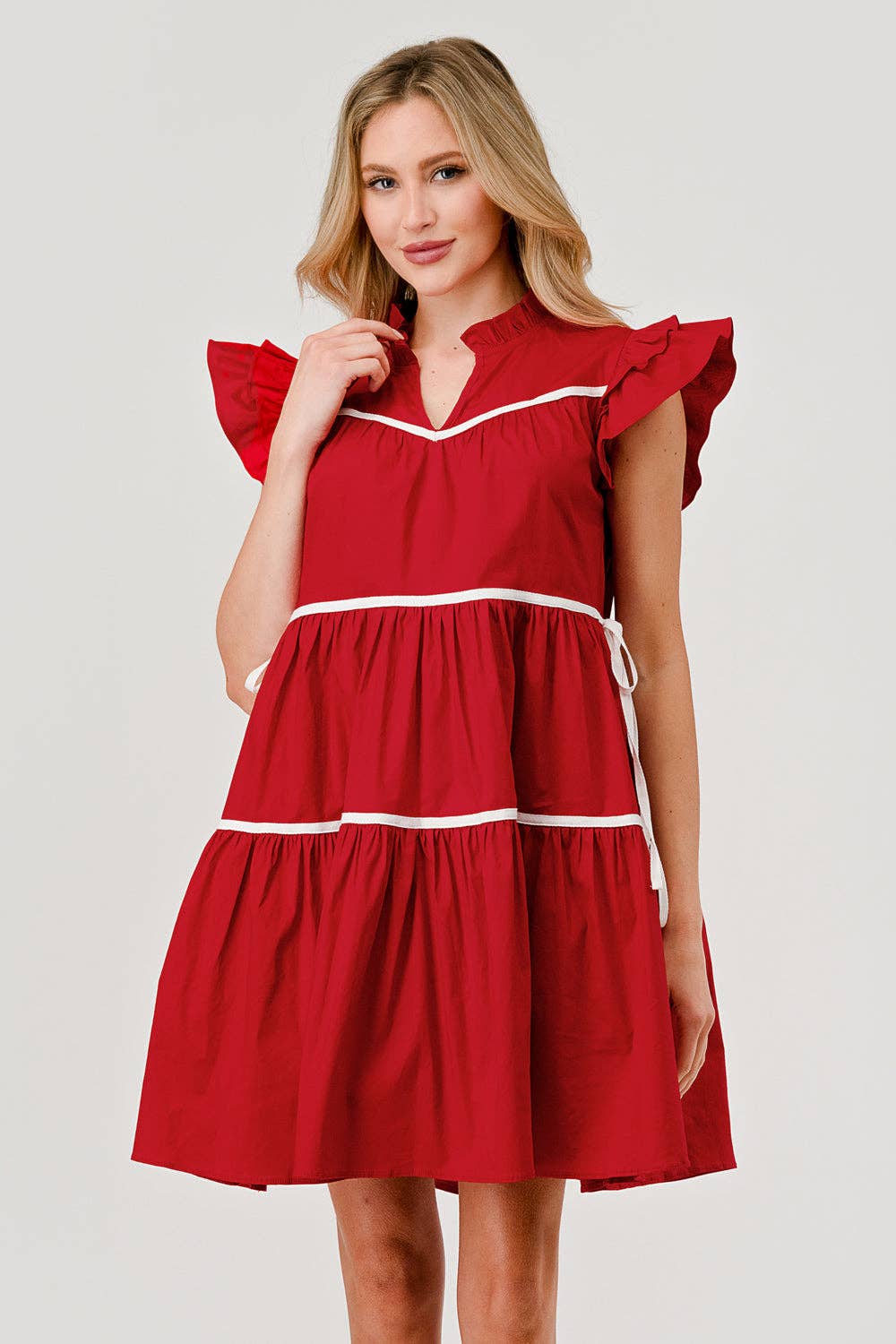 Ashby Tiered Contrast Piping Ruffle Poplin Dress in Ruby Red