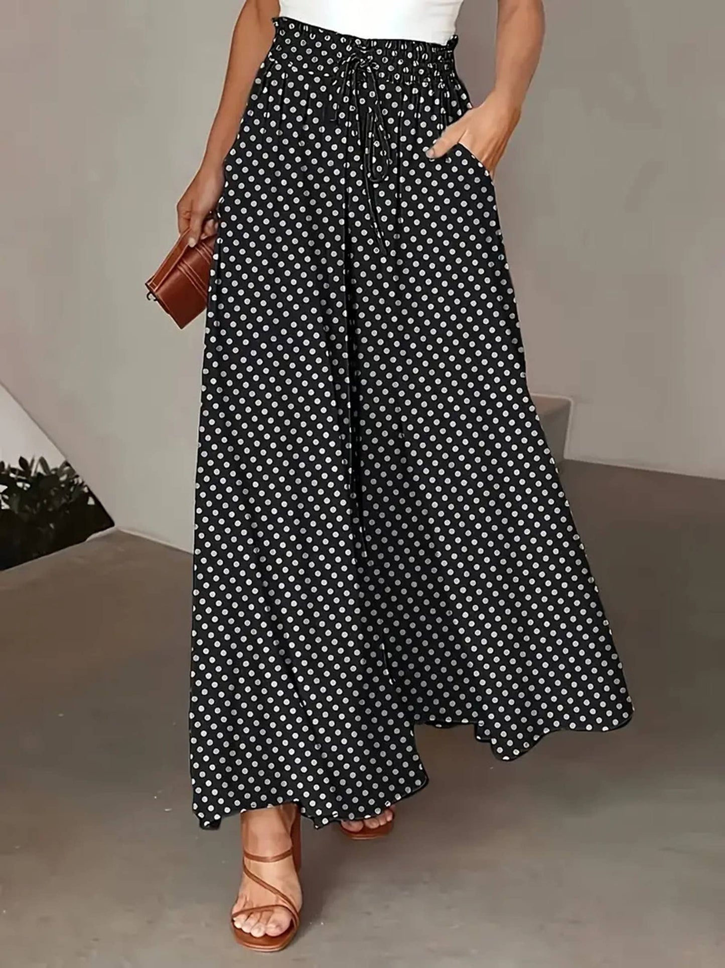 Polka Dot Printed Wide Leg Pants: Red