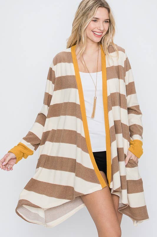 OPEN FRONT STRIPED DRAPED CARDIGAN - KRT1340: Olive