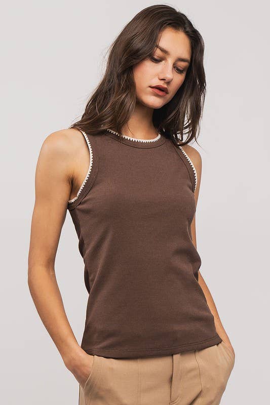 Structure Knit Casual Tank Top: Brown / S-2/M-2/L-2